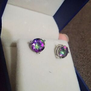 New Sterling Silver 3.5ct Natural Mystic Topaz Earrings Firey Purple Green Gray